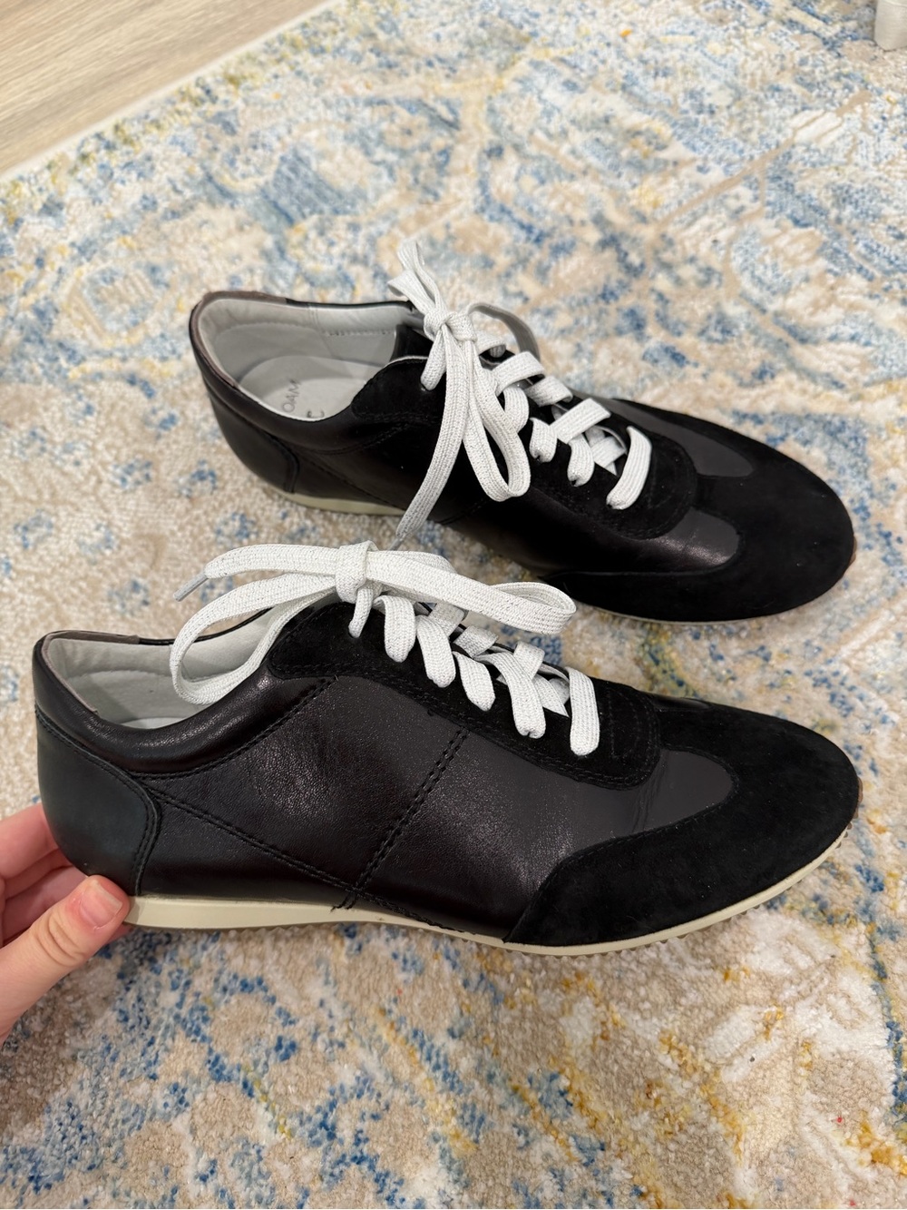 johnston and murphy black leather & suede low rise sneakers white laces